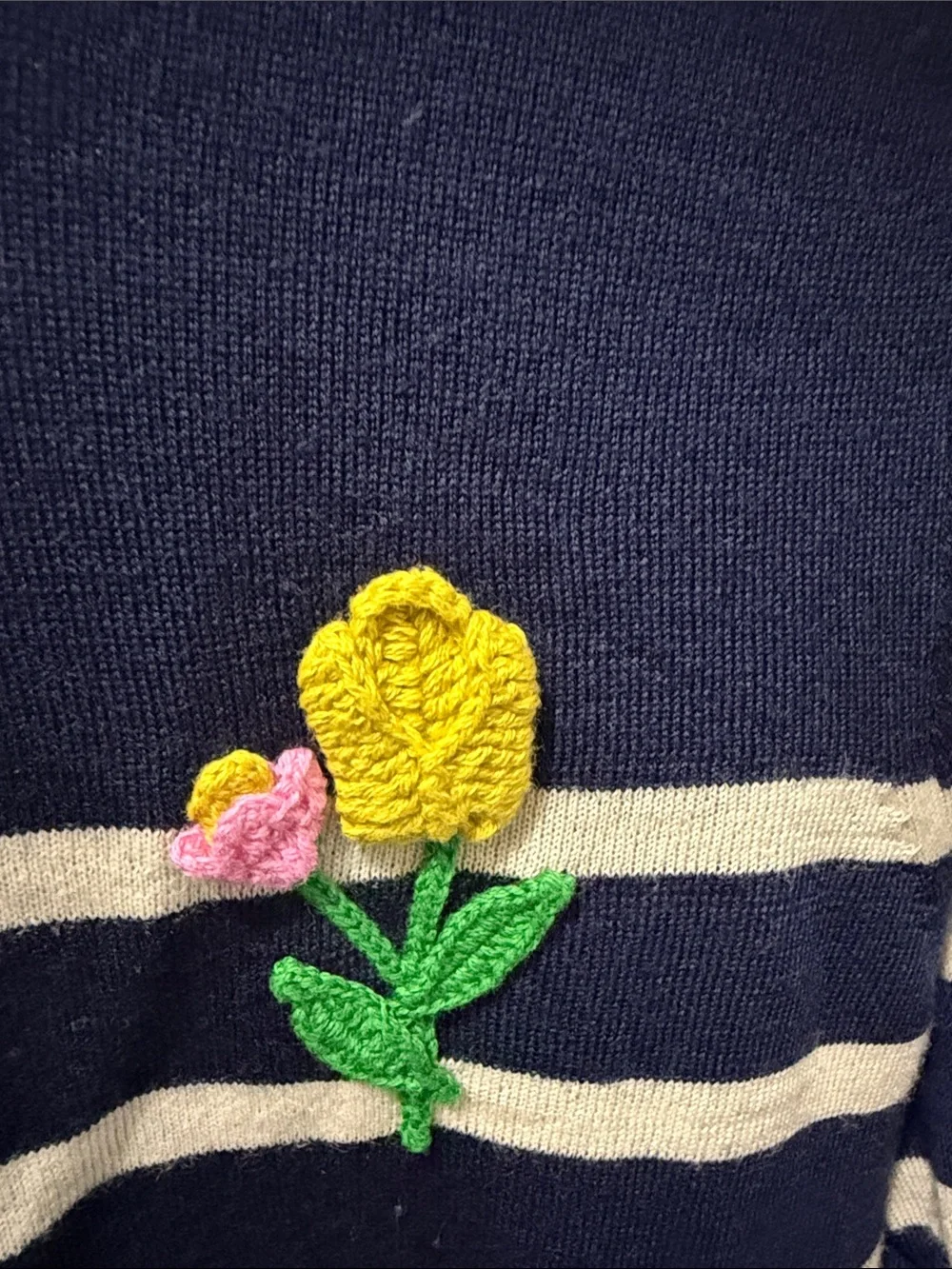 J. Crew Navy and White Striped Crewneck Sweater with Yellow Floral Appliqué
